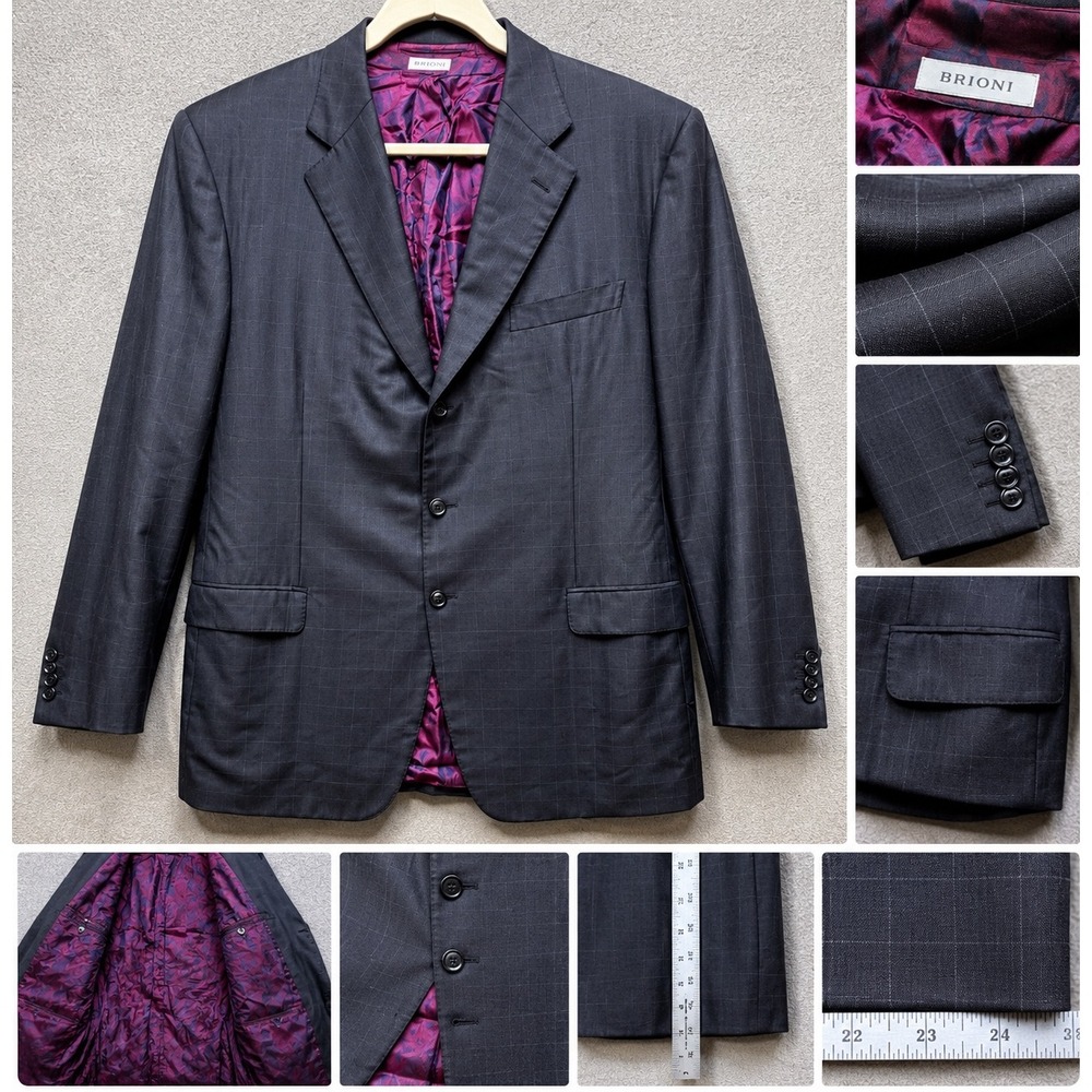 Brioni Sport Coat 44L Black Windowpane Wool Blazer Made Italy Mens 3Btn